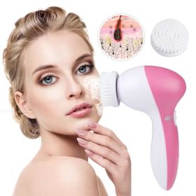 Waterproof Facial Cleansing Brush Face Spin Cleaning Brush Scrubber With 5 Brush Heads For Women (Option: Pink)